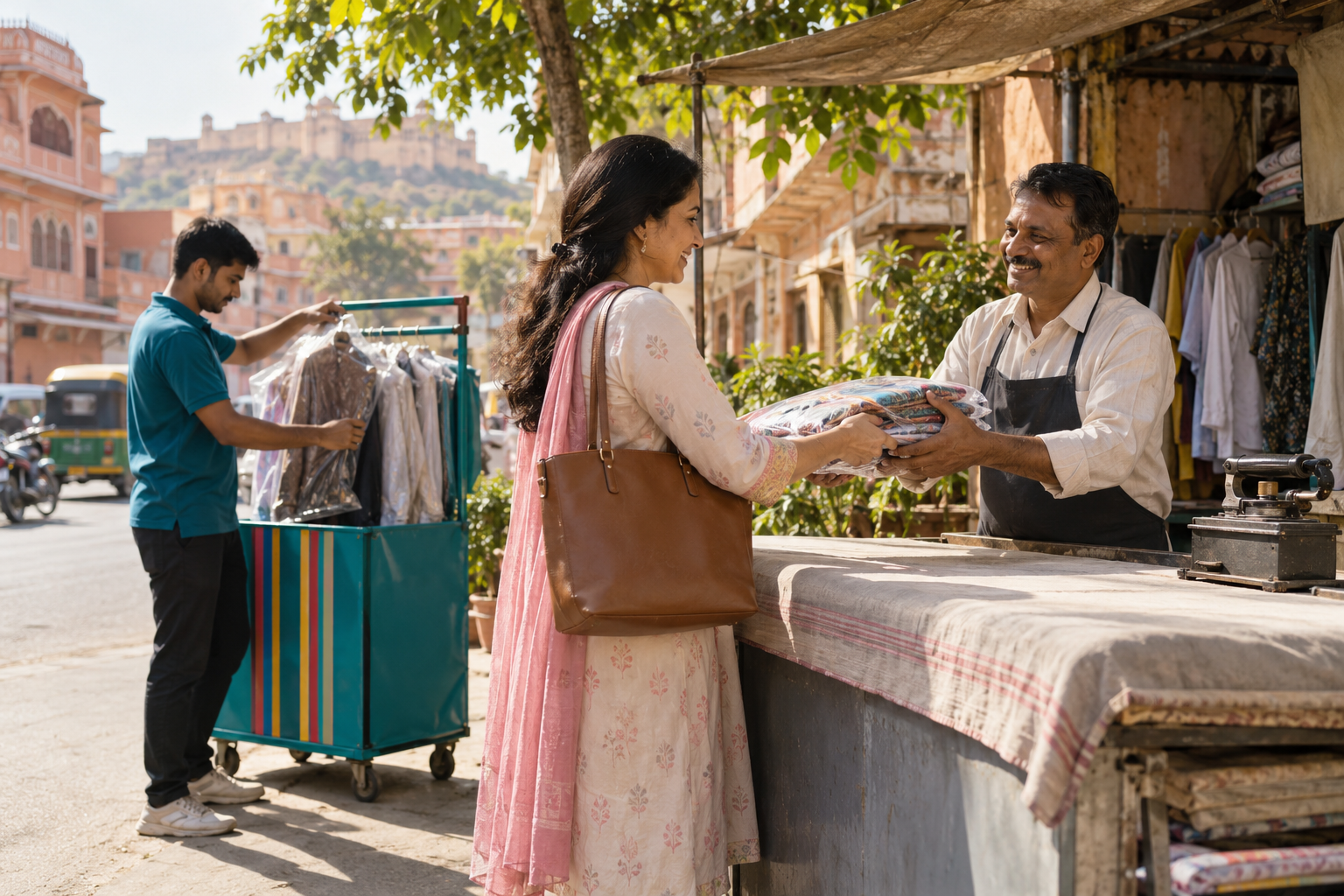 IronWala receiving garments from a neighbourhood customer while a collection cart waits nearby