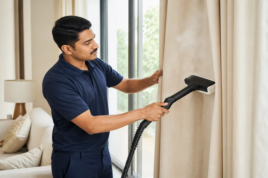 Professional steam cleaning of curtains in a bright home