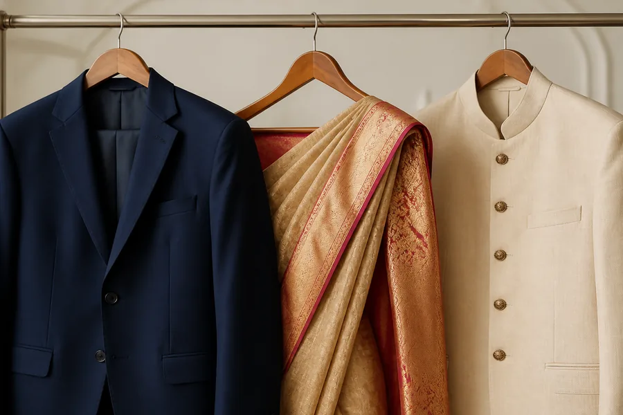 Suit, silk saree and formal jacket prepared for dry cleaning