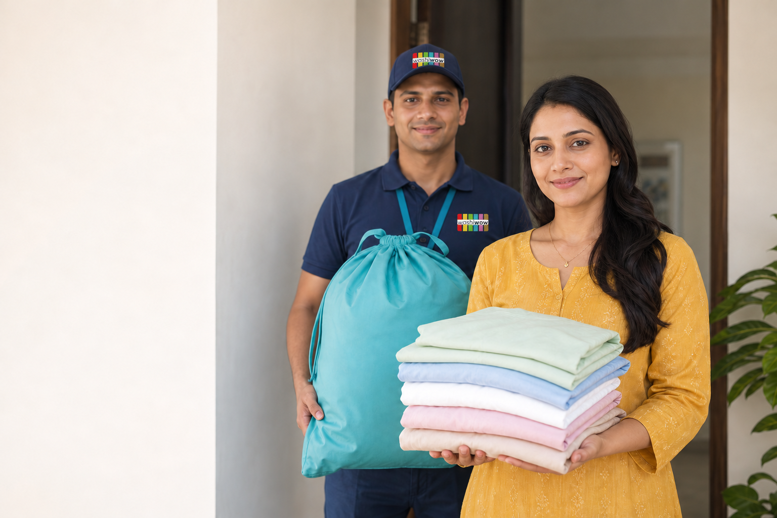 Customer with freshly folded clothes and a WashiWow pickup partner wearing a branded cap and polo