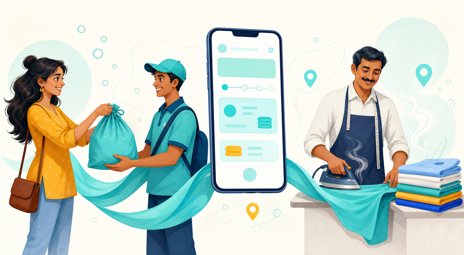 Customer handing laundry to a WashiWow rider, connected to a local ironing expert through the mobile app